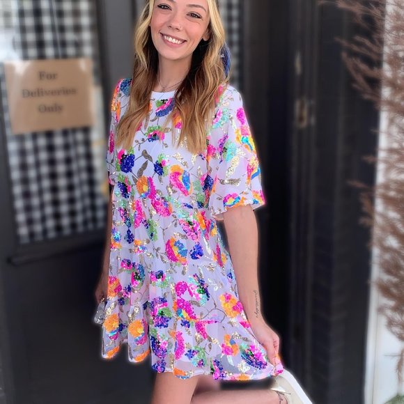 Why Dress Multi Floral Sequin Babydoll Dress - Picture 1 of 3
